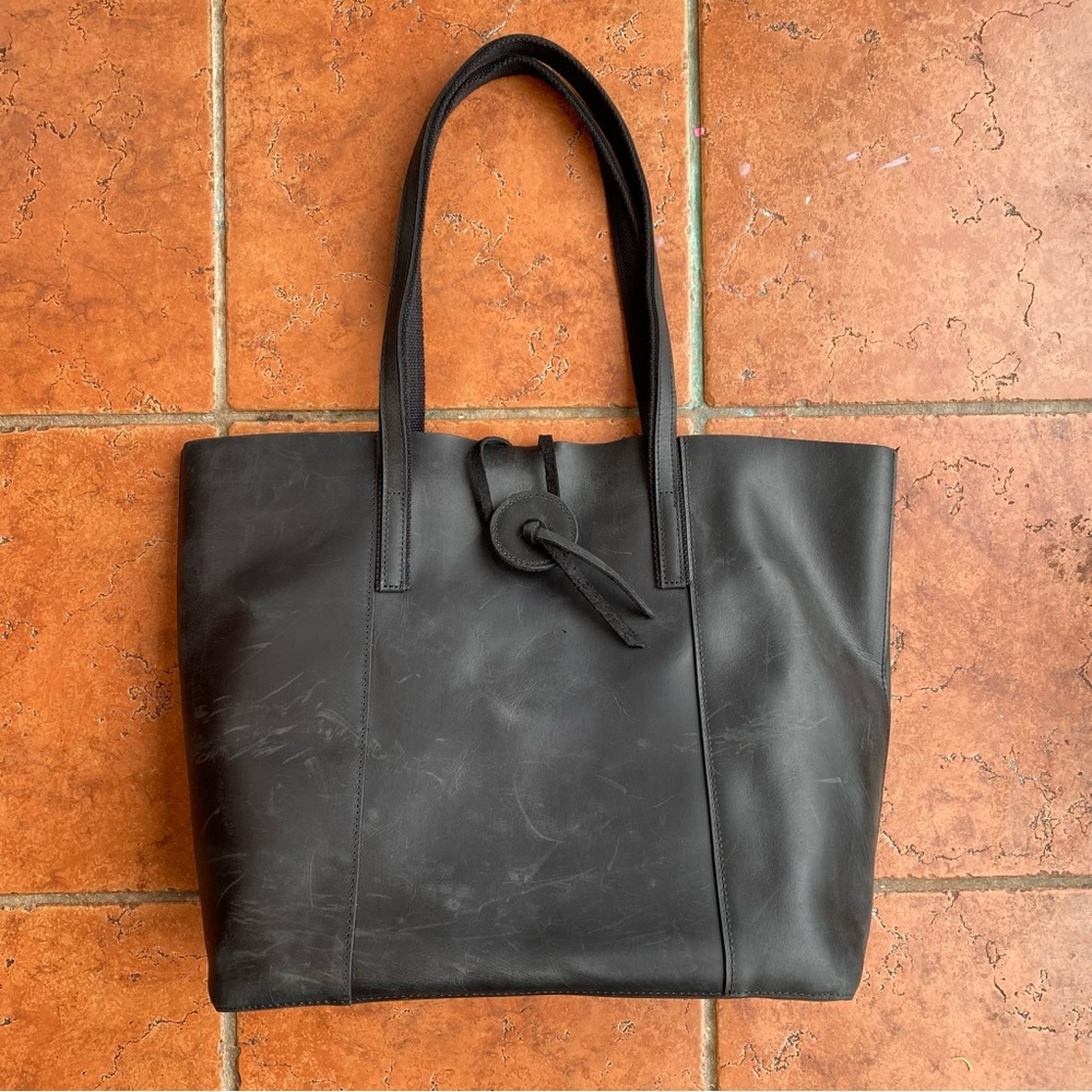 Distressed Black Leather Handbag 13 x17 toggle closure Insert included